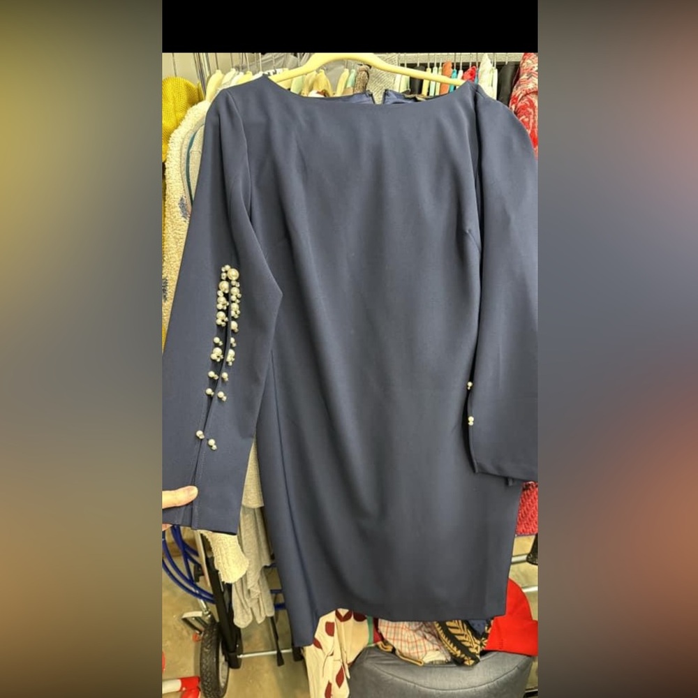 Navy blue dress with pearl accent on sleeves